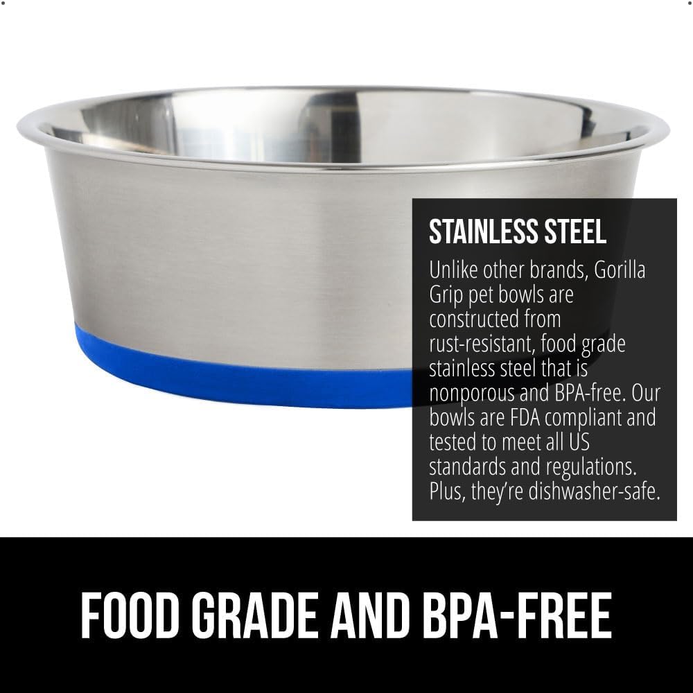 GORILLA GRIP Set of 2 Dog Bowls, Holds 4 Cups (32 fl oz), Heavy Duty Metal Food and Water Bowl for Feeding Dogs and Cats, Dishwasher Safe, Rust Resistant Stainless Steel, BPA Free Rubber Base, Blue