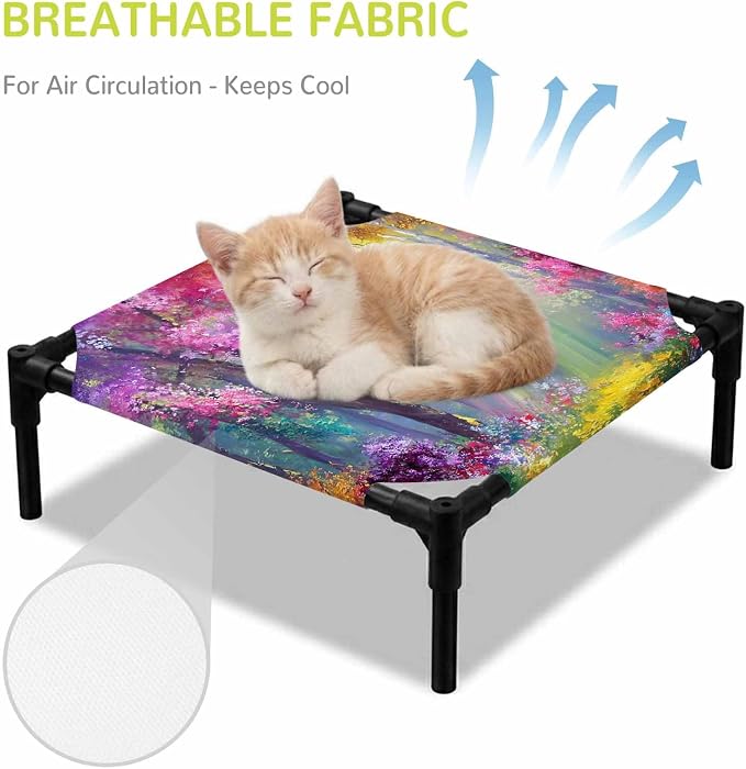 Outdoor Elevated Dog Bed for Small Dogs, Spring Tree Breathable Cooling Raised Dog Cot for Indoor/Outdoor, Forest Sunbeams Floral Botanical Waterproof Elevated Pet Beds, S 20 x 20 in