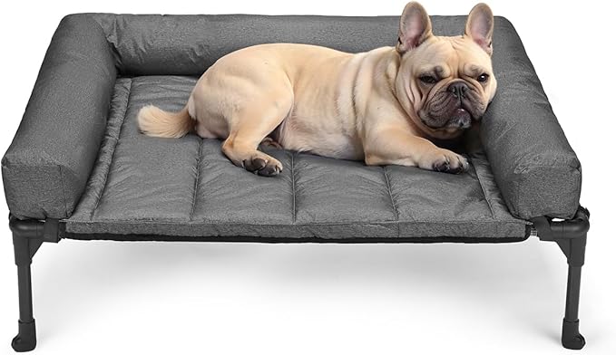 Veehoo Outdoor Elevated Dog Bed with Waterproof Bolster Cushion, Cooling | Raised Dog Bed with Removable & Washable Mat Topper, Breathable Mesh, Dog Couch Cot for Indoor Outdoor, 32", Medium, Melange