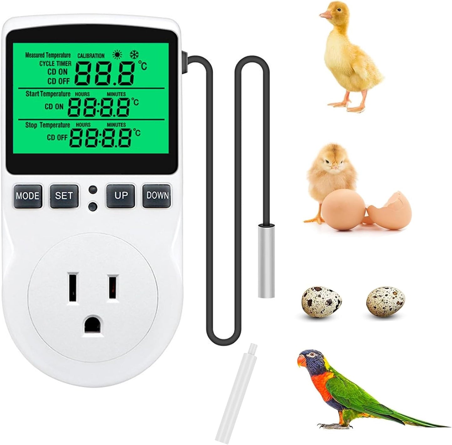 KABASI Digital Temperature Controller, Backlit LCD Screen Thermostat Heating Cooling Outlet Plug with Sensor Timer for Reptile Incubator Greenhouse Brewing Refrigerator 110V, 15A, ℉/℃