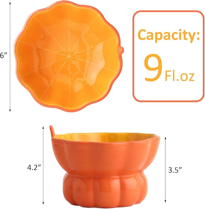 Pumpkin Raised Ceramic Cat Water Bowl, 9 oz, Whisker Friendly | Elevated cat bowl encourages healthy hydration and reduces neck strain. Suitable for most cats. Dishwasher safe