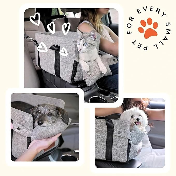 Center Console Dog Car Seat for Small Dogs and Puppies 5-13Lbs, Ideal Armrest Booster Car Travel Seat with Safety Protection Seat Belts, Storage Pockets - Reduces Anxiety (Woven - Grey)