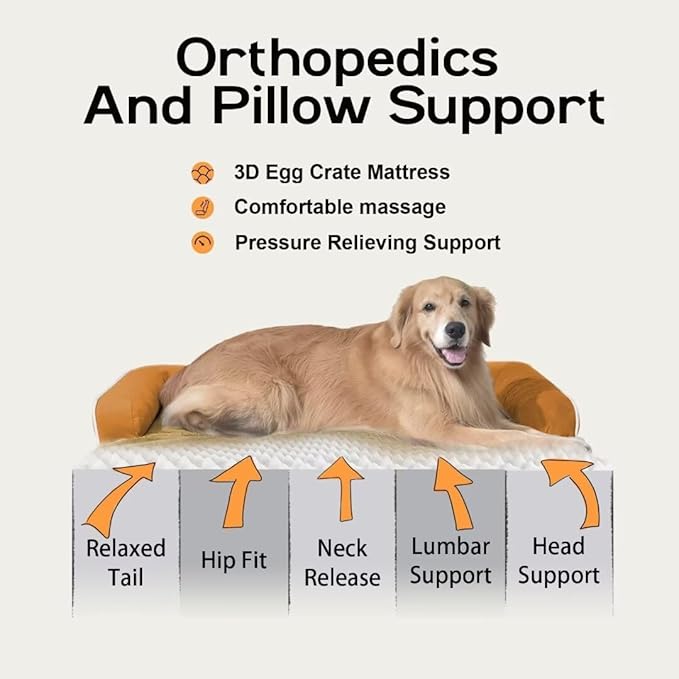 Orthopedic Waterproof Jumbo Dog Bed with Bolster for Extra Large Dogs | Pillow Support for Neck Relief, Egg Crate Foam, Waterproof Liner, Anti-Slip Bottom, Removable Bolster Cover, 53 x 42 Inch