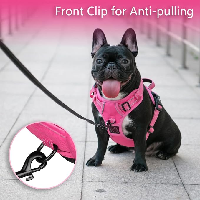 PoyPet No Pull Dog Harness, Reflective Vest with 2 Leash Clips & Handle | Lockable Neck Release Buckle, No Choke, Adjustable, Soft Padded, for Walking Training, Pink Matching Trim, Medium