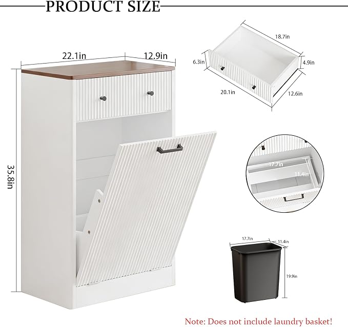 10 Gallon Tilt Out Trash Can Cabinet with Drawer - Modern Fluted Hidden Garbage Bin Holder, Curved Edge Wooden Laundry Hamper Cabinet, White