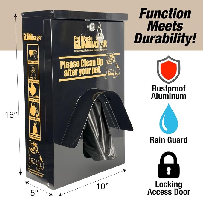 Dog Waste Station Dispenser Box - 800 FREE Dog Poop Bags - Made of Rust-Proof Aluminum - Pet Waste Bag Dispenser with Lock and Rainguard - For Commercial Use, Parks, Condos & HOA (Black)