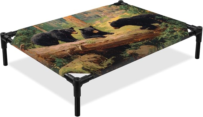 Outdoor Elevated Dog Bed for Large Dogs, Forest Bears Breathable Cooling Raised Dog Cot for Indoor/Outdoor, Nature Country Wild Animals Trees Branch Waterproof Elevated Pet Beds, L 28 x 22 in