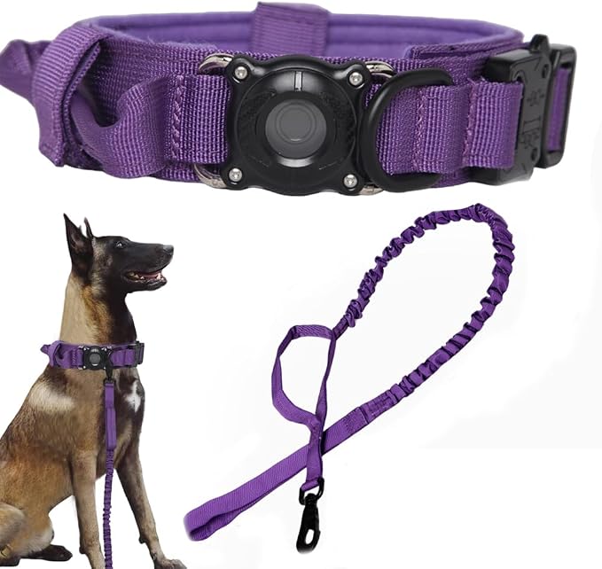 Tactical Dog Collar and Leash Set with Airtag Holder Waterproof Dog Airtag Collar with Handle Adjustable Heavy Duty Dog Collar Leash Set(DeepPurple，XL