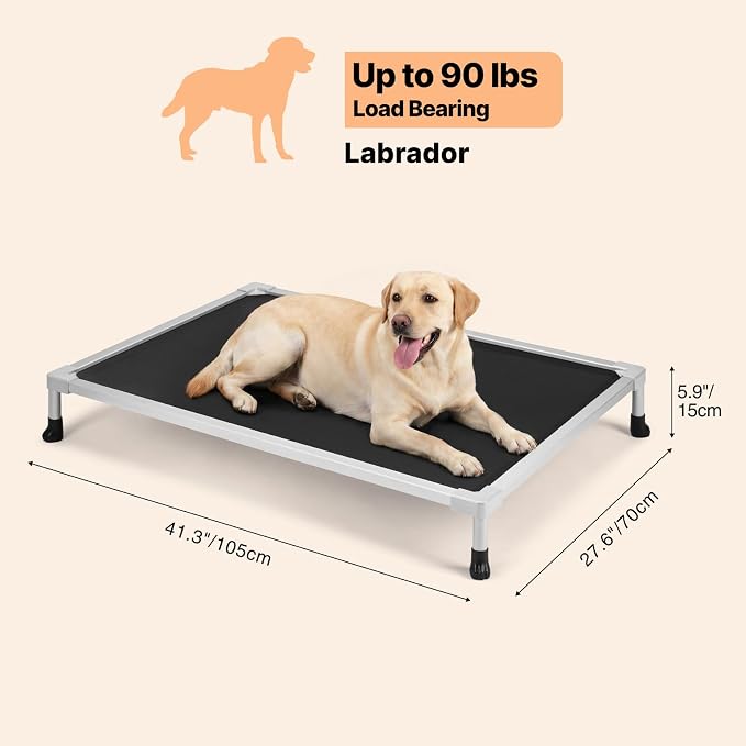 Veehoo Chew Proof Elevated Dog Bed, Silver Aluminum Dog Cot, Pre-Assembled | Cooling Raised Dog Bed for Large Dogs, Indestructible Dog Bed for Crate, Breathbale, Non-Slip Feet, Indoor Outdoor