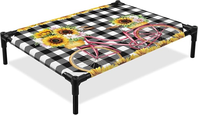 Outdoor Elevated Dog Bed for Medium Dogs, Sunflowers Bicycle Breathable Cooling Raised Dog Cot for Indoor/Outdoor, Summer Budding Botanical Floral Lattice Waterproof Elevated Pet Beds, M 24 x 20 in