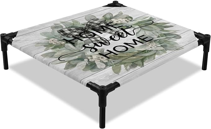 Outdoor Elevated Dog Bed for Small Dogs, Farmhouse Leaves Breathable Cooling Raised Dog Cot for Indoor/Outdoor, Florals Country Vintage Gray Wood Waterproof Elevated Pet Beds, S 20 x 20 in