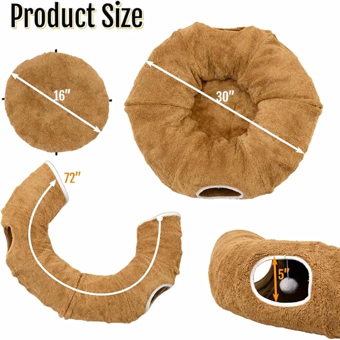 R1M Cat Tunnel Bed for Indoor Cats, Cute Cat Donut Tunnel Toys for Small, Larger Cats with Two Fish Cat Toys, Round Pet Peekaboo Cave Toy for Kitten, Brown (Brown)