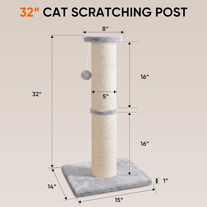 PAWSCRAT Cat Scratching Post 32" Tall, 5-Inch Diameter Natural Sisal Cat Scratch Post with Dangling Ball for Indoor Cats, Scratch-Resistant Durable and Protect Your Furniture, LightGrey