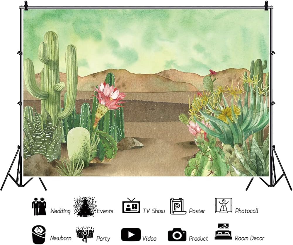 Renaiss 6x4ft Floral Cacti Backdrop Watercolor Aloes Cactus Flowers Desert Scenery Photography Background Botanical Mexican Fiesta Baby Shower Bridal Shower Birthday Party Decors Photo Studio Props