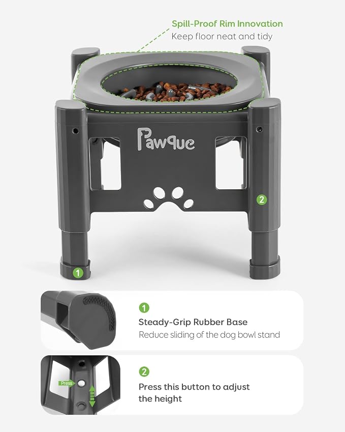 35oz Elevated Slow Feeder Dog Food Bowls with Adjustable Stand | 3 Heights (6.1", 7.7", 9.3"), Raised Dog Bowls for Medium and Small Breed Dogs Cats, Non Slip Rubber & Mess Proof