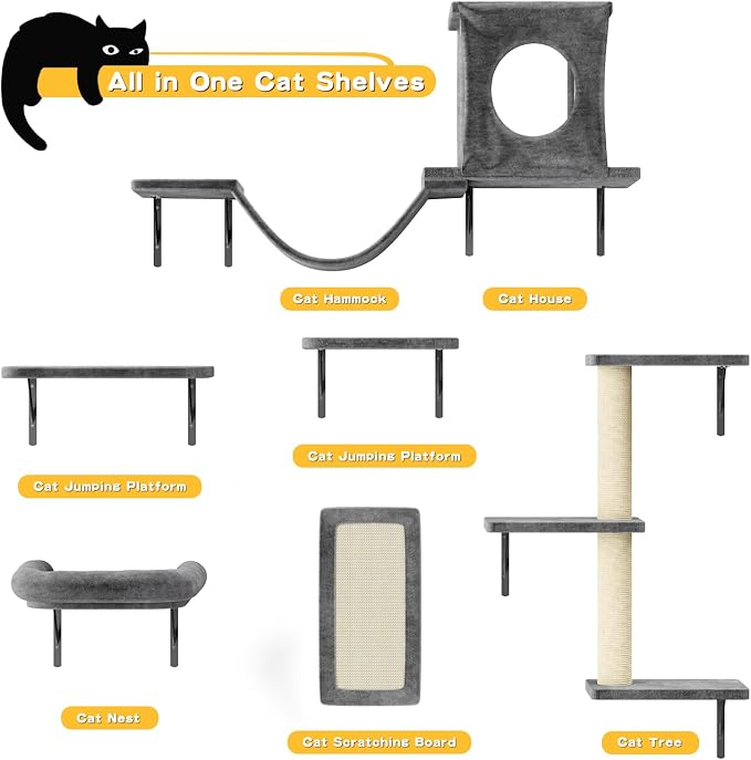 12-in-1 Cat Wall Shelves, Luxury Wall-Mounted Cat Climber Set with Condos House, Scratching Post, Bridge Ladder, Indoor Space-Saving Furniture for Kittens, Dark Gray