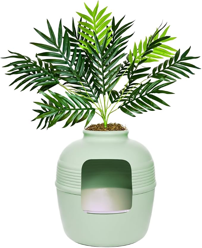 Good Pet Stuff Original Hidden Litter Box Planter, Decorative Cat Litter Enclosure with Carbon Filter, Artificial Palm Plant, Upgraded Design, Easy Clean Litter Tray, Essentials Kit, Seagrass Green