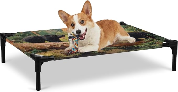 Outdoor Elevated Dog Bed for Large Dogs, Forest Bears Breathable Cooling Raised Dog Cot for Indoor/Outdoor, Nature Country Wild Animals Trees Branch Waterproof Elevated Pet Beds, L 28 x 22 in