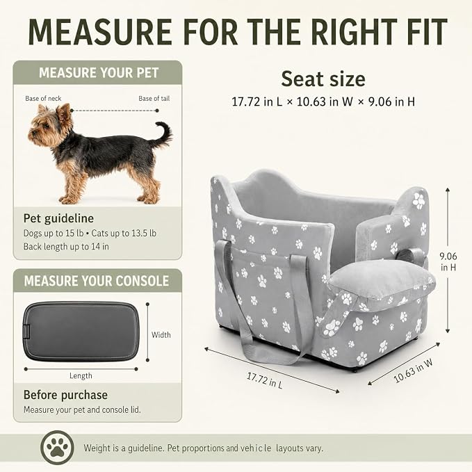 Center Console Dog Car Booster Seat for Small Dogs 0-15 lbs - Grey Pet Travel Carrier Safety Leash, Detachable Seat Belt & Storage Pockets