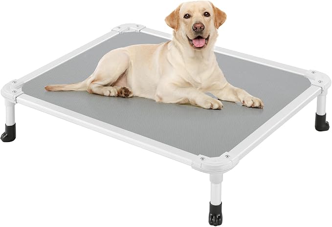 Veehoo Chew Proof Elevated Dog Bed, Cooling Raised Pet Cot, Silver Aluminum | Indestructible Dog Bed with Durable Textilene Mesh Fabric, No-Slip Feet for Indoor or Outdoor Use, 32", Medium, Grey