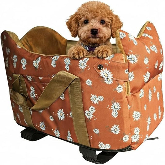Center Console Dog Car Seat for Small Dogs 1 to 15 lbs,Cofe Color | Pet Travel Booster Seat with Safety Leash, Detachable Seat Belt,Storage Pockets