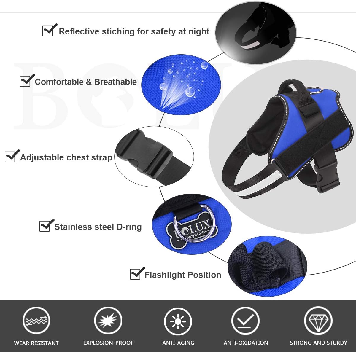 Bolux Dog Harness, No-Pull Reflective Dog Vest, Breathable Adjustable Pet Harness with Handle for Outdoor Walking - No More Pulling, Tugging or Choking (Blue, M)