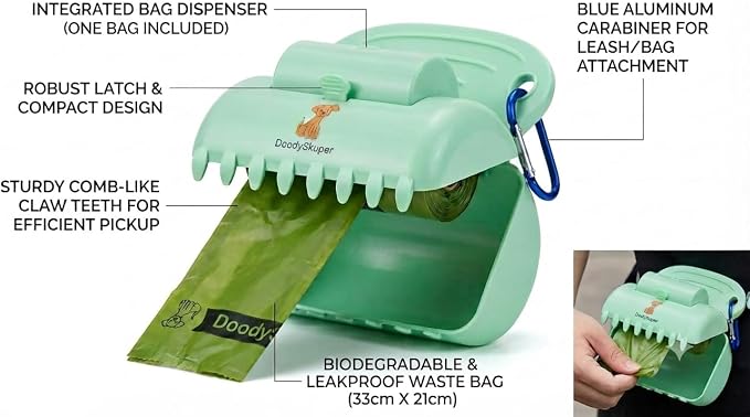 Doodyskupar Portable Pooper Scooper – High-Tension Precision Claw with Bag Holder, Ultra-Lightweight (Under 5 oz) Ergonomic Control, Universal Fit for All Breeds, Starter Bags Included