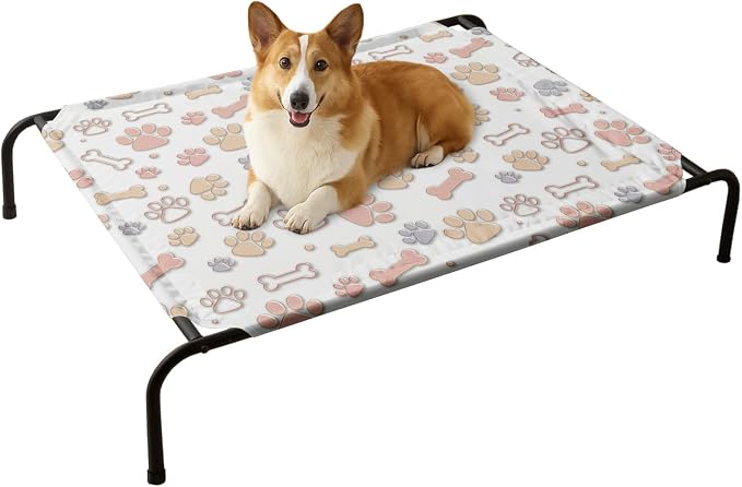 QOOMO Elevated Dog Bed with Cooling Fabric, Pet Cot for Small and Big Dogs, Indoor and Outdoor Use, Joint Relief, Cute Printed Cushion Included (Orange Paw Prints, 35.43" L*25.59" W*8.27" Th)