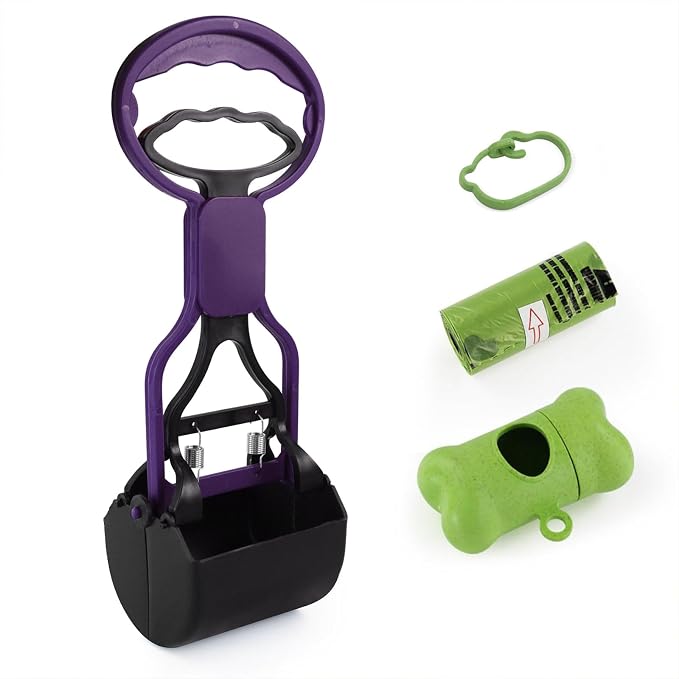 Andiker Dog Pooper Scooper with Short Handle, 10.23" Tall Dual-Spring Pet Pooper Scooper with 1 Roll of Dog Poop Bag and a Dispenser Easy to Use Dog Poop Scooper (Dark Purple)