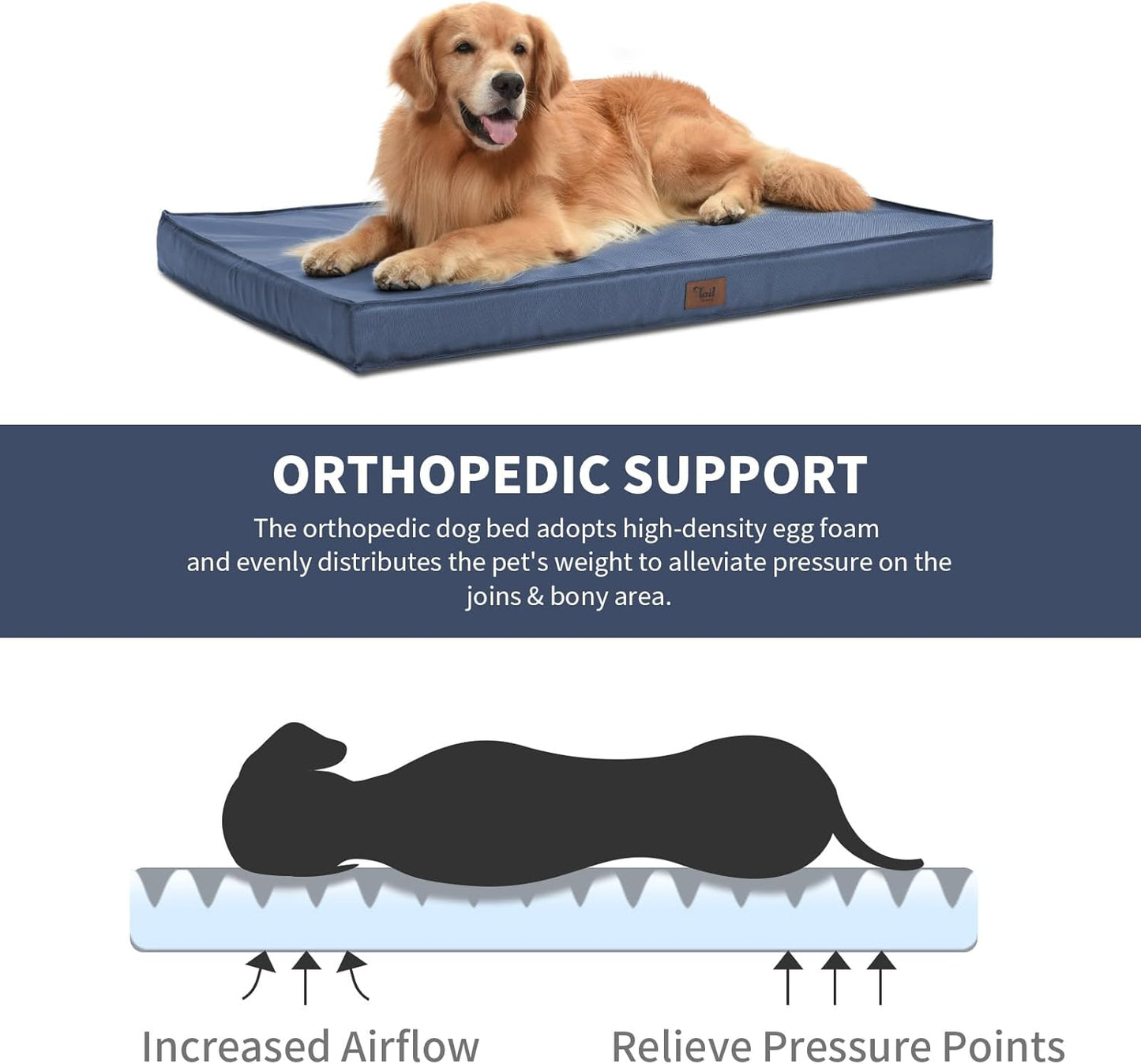 Outdoor XXL Dog Bed Waterproof, Dog Bed for Extra Large Dogs, Orthopedic Egg Foam Pet Bed with Washable and Removable Oxford Cooling Cover, Navy
