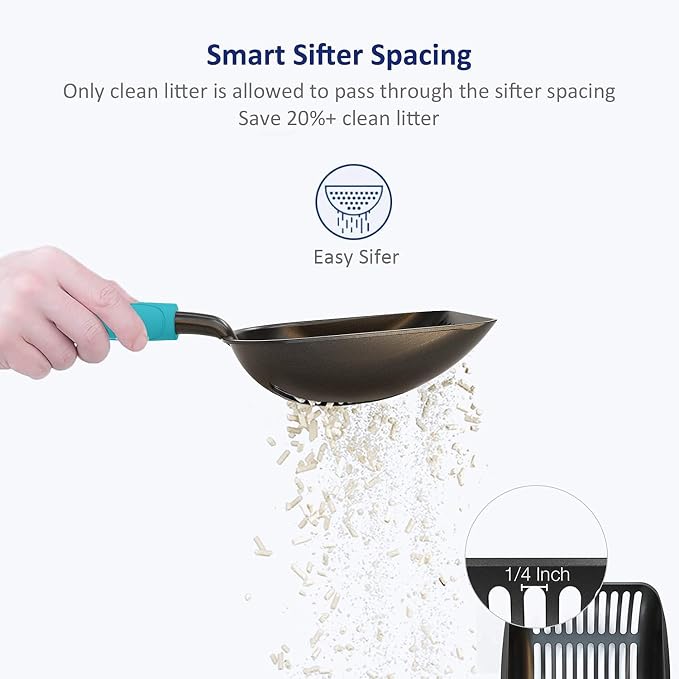 Cat Litter Scoop, Non-Stick Plated Aluminum Alloy Sifter, Kitty Durable Metal Scooper, Deep Shovel, Long Handle, Kitten Pooper Lifter, Size Medium, Coated Black Body with Turkish Blue Handle