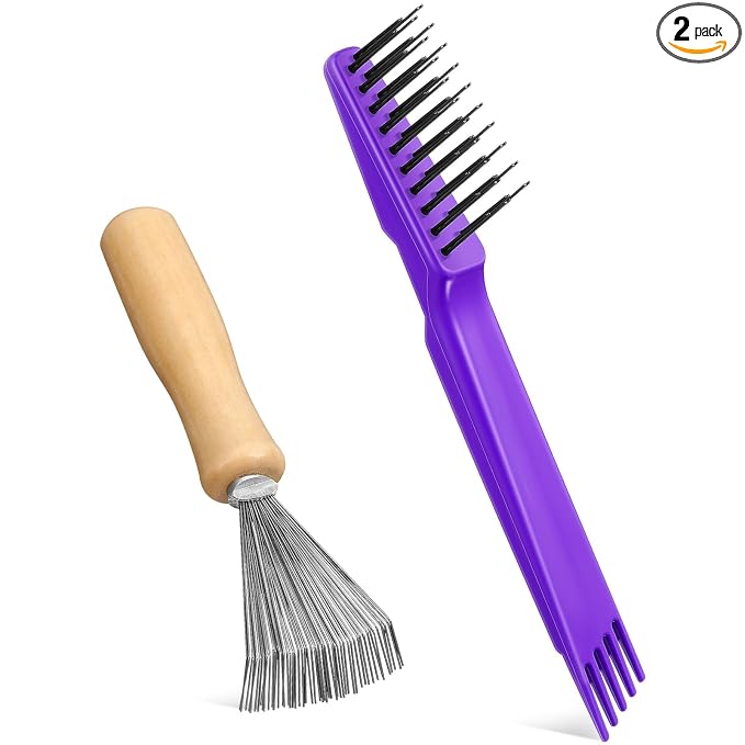 Boao 2 Pack Hair Brush Cleaning Tool,2-in-1 Comb Rake and Brush Cleaner for Removing Hair,Dust and Buildup,Mini Hairbrush Accessory for Home&salon(Purple, Wood Color,Polished Wooden Handle Rake)
