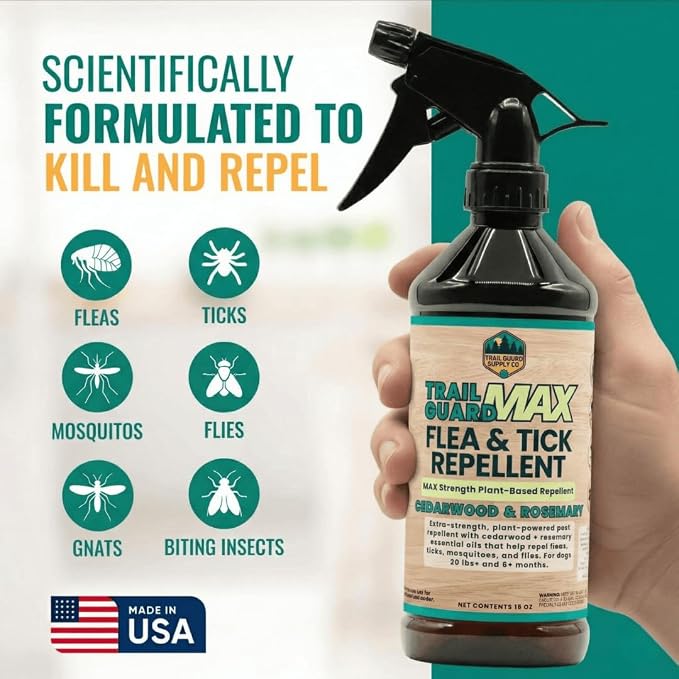Trail Guard MAX - Natural Extra Strength Insect, Flea and Tick Spray for Dogs, People & Home (16oz MAX Strength, Cedarwood & Rosemary)