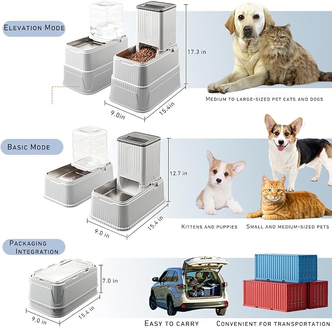 Elevated Dog Bowls Set, 1 Gallon Automatic Gravity Food Feeder & Water Dispenser with Stainless Steel Bowls, Adjustable Elevated Feeder for Small Medium Large Dogs, Anti-Choking & Neck Protection