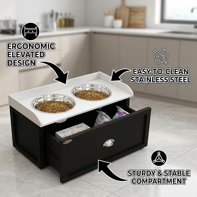 Pet Feeding Station with Storage, Elevated Dog Bowls Set for Large Dogs, White and Black Dual Bowl Feeder with Built-in Food Compartment, Raised Pet Dish Stand for Indoor Outdoor U