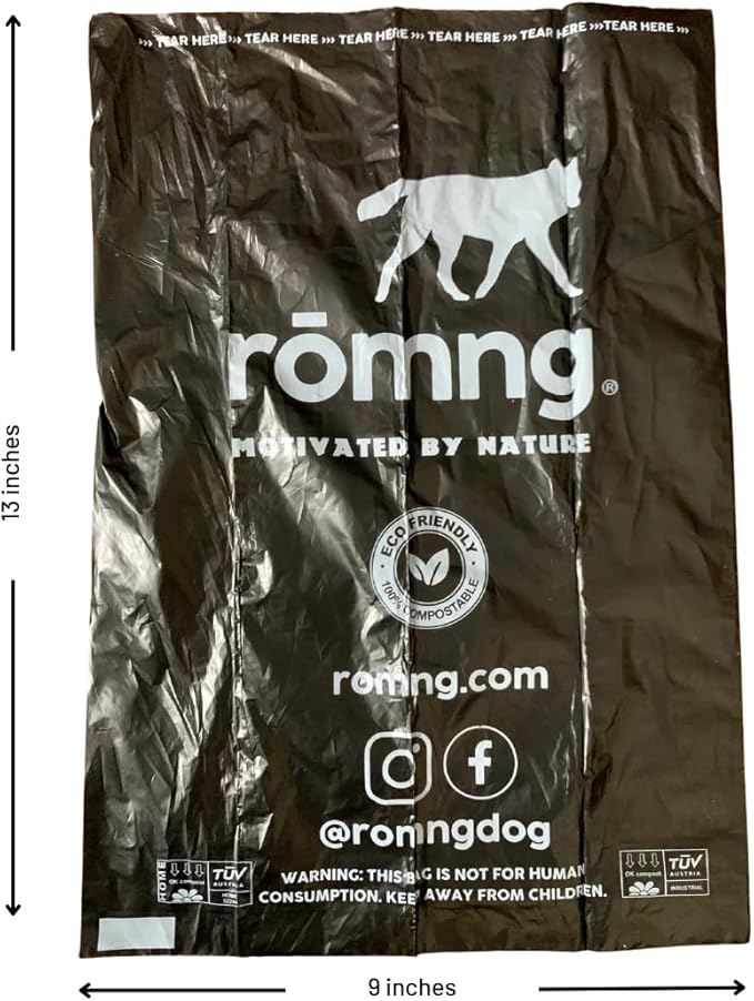 ROMNG Compostable Dog Poop Bags, Plant-Based, TUV Certified, Unscented, Leak-Proof, 12 Rolls, 180 Bags, Black