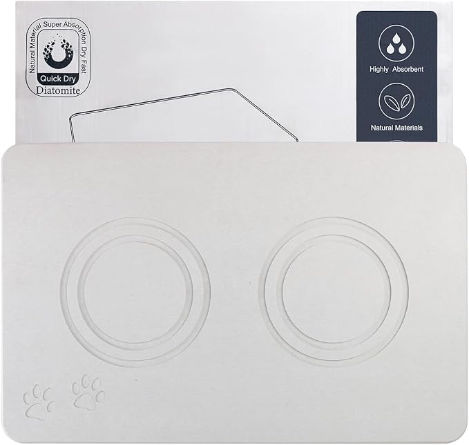 Diatomite Stone Pet Feeding Mat for Dog Cat Super Absorbent Diatomite Quick Drying Stone Dog Food Mat, Dog Mats for Food and Water with Non-Slip Station, Fast Dry Pet Mats,Grey White