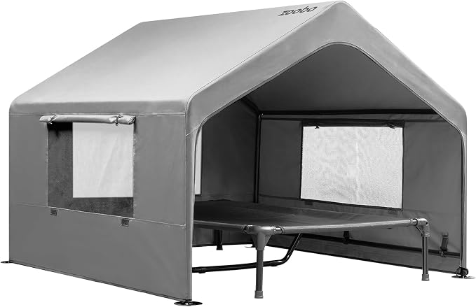 Zooba Extra Large Dog Shade with Elevated Bed, Outdoor Dog House Waterproof | 4’×4’×3.3’ Dog Shelter with Canopy, Dog Tent for Outside, 2-in-1 Separate Design, Grey