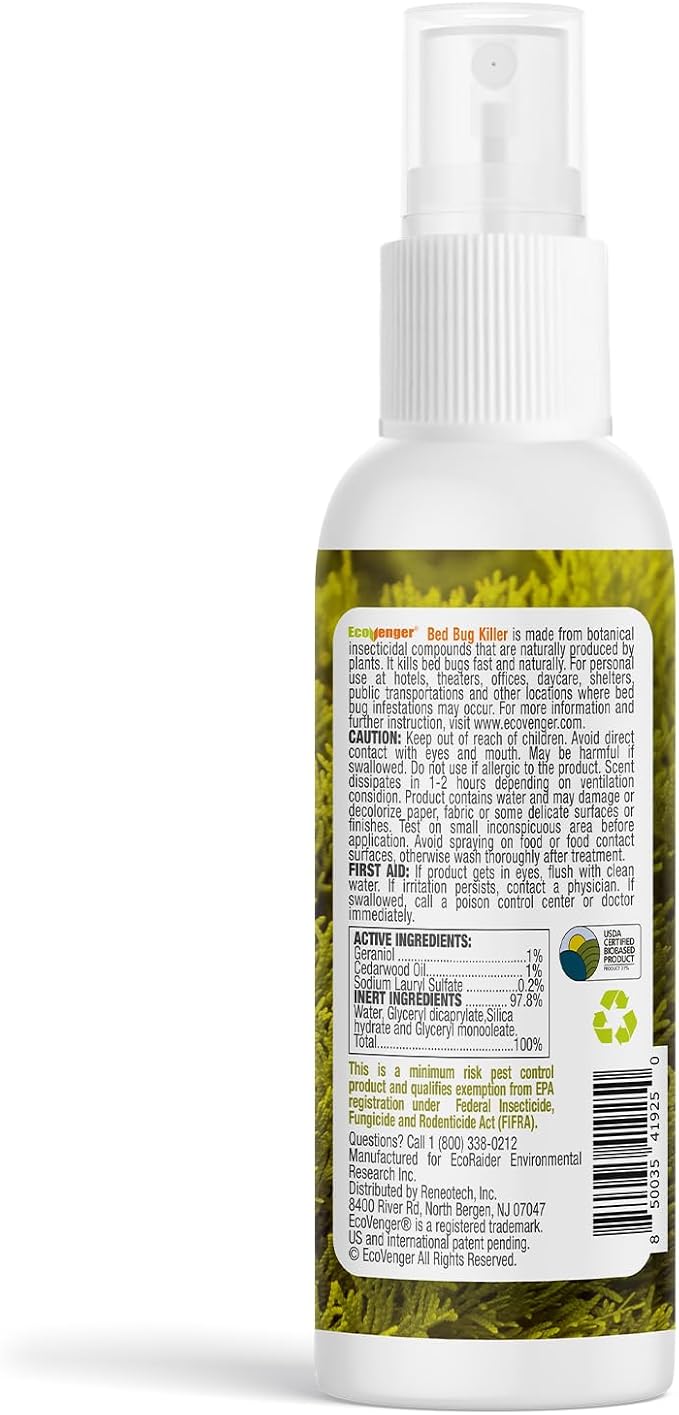 Bed Bug Killer 3 oz EcoVenger by EcoRaider,Travel Size,100% Kill Efficacy, Bedbugs & Mites, Eggs & The Resistant, USDA BIO-Certified, Plant Extract Based & Non-Toxic, Child & Pet Safe