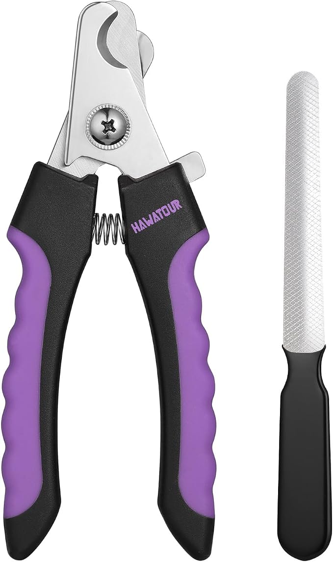 HAWATOUR Dog Nail Clippers, Classic Dog Nail Trimmers with Safety Guard to Avoid Over Cutting, Razor Sharp Blade with Nail File for Pets Large Dogs, Purple