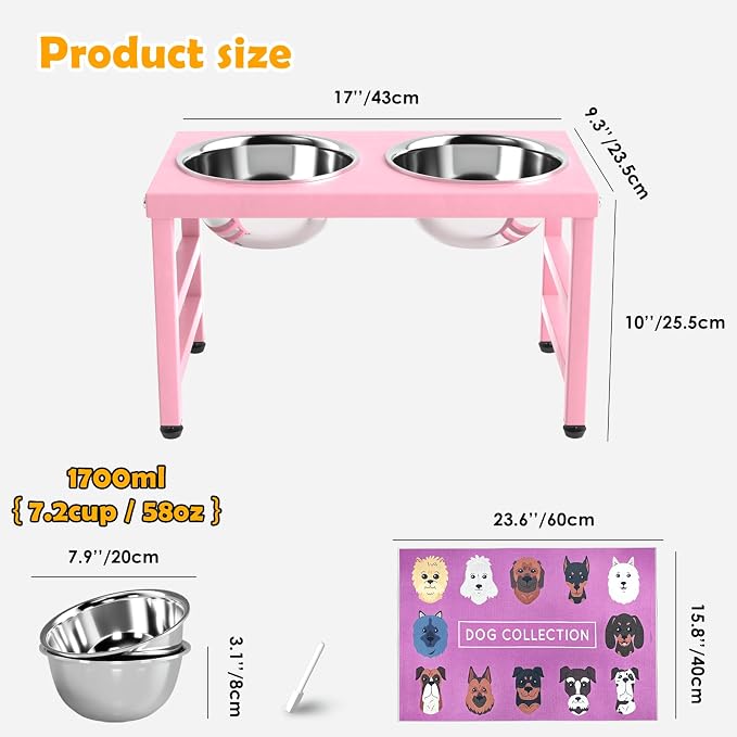 Raised Dog Bowl Stand 10 Inch Tall, Elevated Pet Feeder with 2 Stainless Steel Bowls (1700ml/58oz) & Anti-Spill Silicone Mat for Large Dogs, Stable Metal Frame Feeding Station, Pink