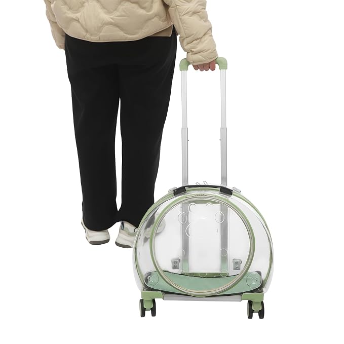 Pet Carrier with Wheels, Transparent Hard Breathable Pet Carrier with Ventilation Holes Telescopic Handle Multiple Carrying Strollers for Cats Dogs (Green)