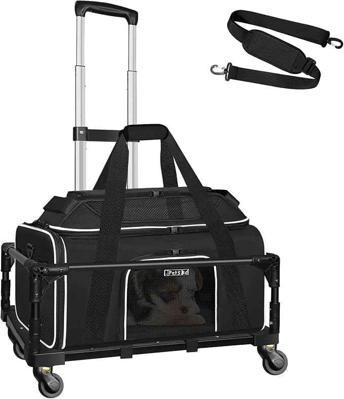 Petskd Top-Expandable Small Pet Carrier with Wheels(18" L x 13" W x 9.5" H), Southwest Airlines Approved, Rolling Pet Carrier for Small Dogs & Cats (Black)