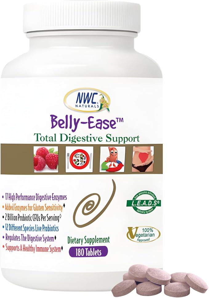 NWC Naturals Belly-Ease Healthy Digestive Enzymes Plus Prebiotics & Probiotics, Essential Enzymes, Vegetarian, Better Digestion, Full Spectrum Digestive Solution - 180 Count Chewable Tablets