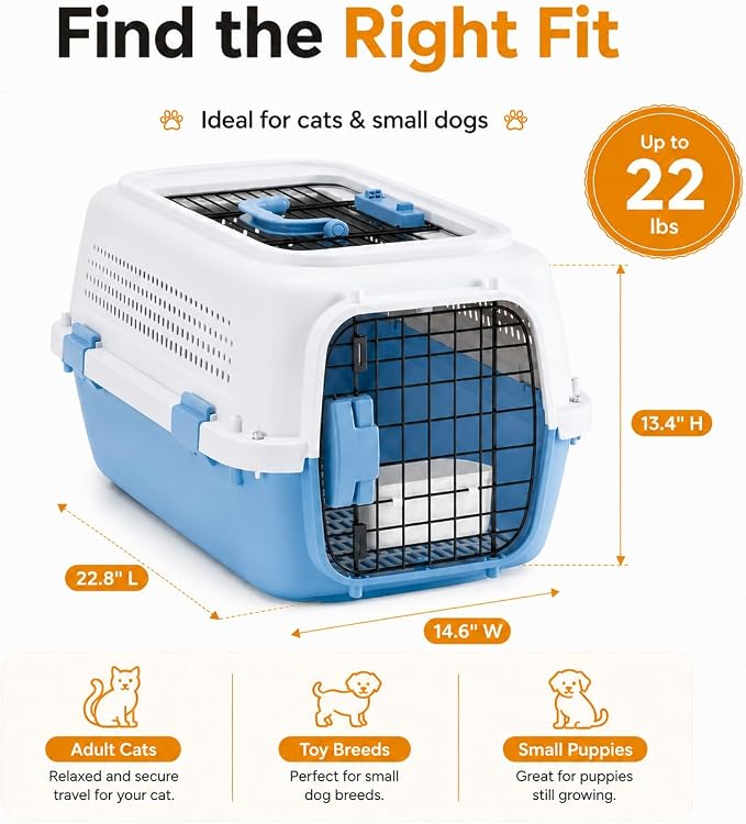 23" Airline Approved Cat Carrier Hard Shell, Dual-Entry Pet Carrier with Top & Front Doors, Detachable Food Bowl & Secure Lock, Breathable Dog Carrier for Cats & Small Dogs Up to 22 lbs - Blue