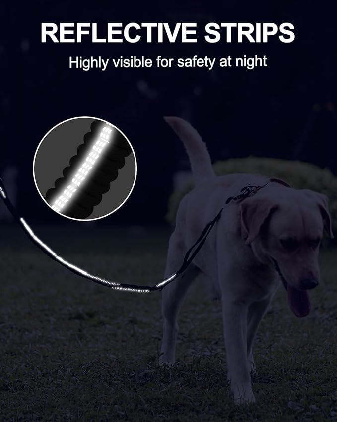 Joytale Tactical Bungee Dog Leash, Shock Absorbing No Pull, Black | For Large Dogs That Pull, 2 Padded Handles for Control, Car Seatbelt Clip, Reflective for Night Safety, Metal Frog Clip