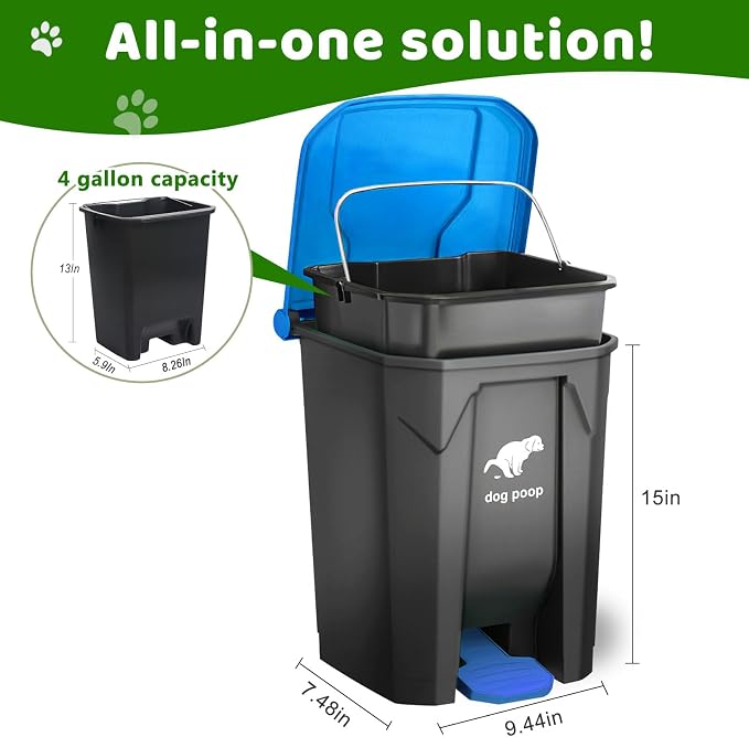 Dog Poop Trash Can Outside - 20L/5Gal Large Outdoor Trash Can with Lid Blue | utdoor Dog Poop Trash Can with 100 Bags, Pedal and Removable Inner Bin, Odor Control, Suitable for All Types of Dogs