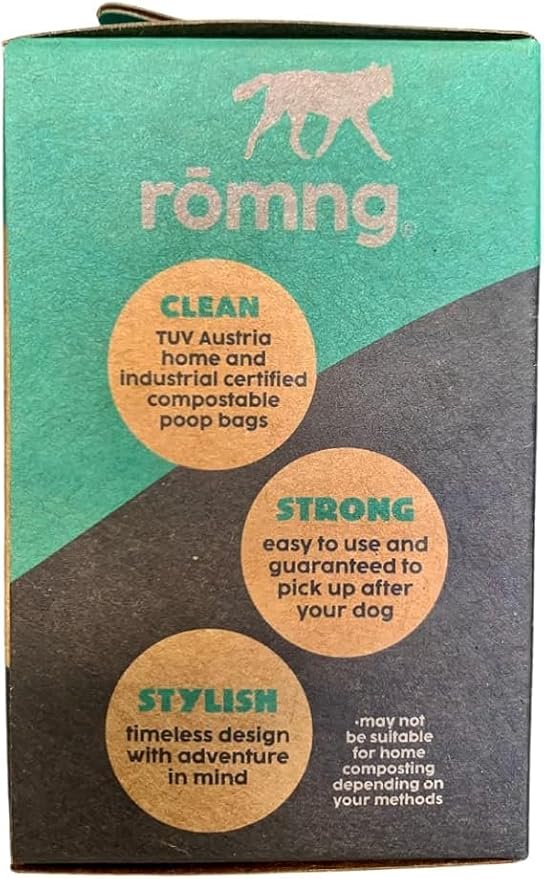 ROMNG Compostable Dog Poop Bags, Plant-Based, TUV Certified, Unscented, Leak-Proof, 12 Rolls, 180 Bags, Black