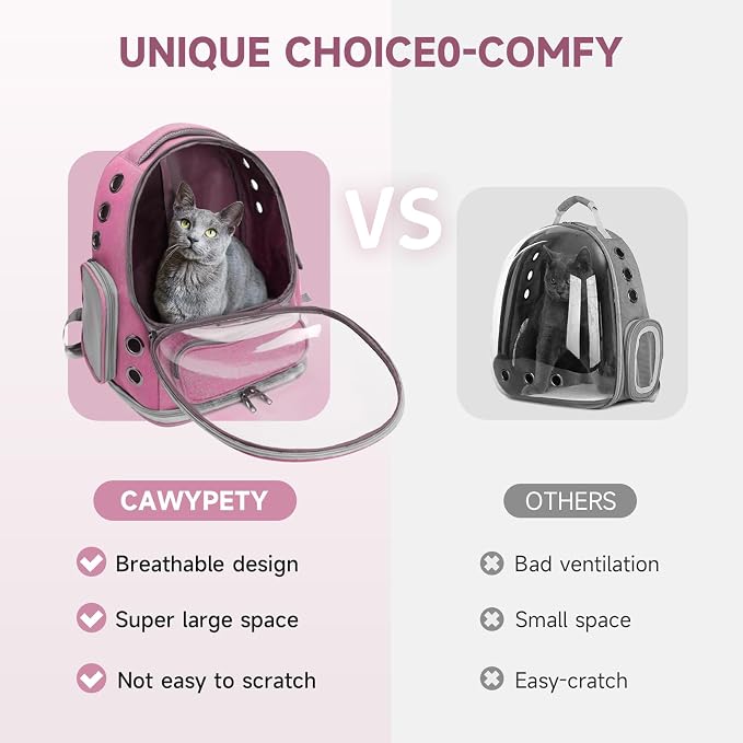 Cawypety Cat Backpack Carrier, Breathable Cat Carrier Large Space Bubble Pet Backpack for Kitty Small Dog up to 12lbs, Transparent & Foldable Pet Carrier for Travel Hiking（Pink）