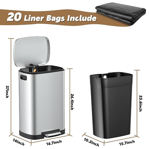 Dog Poop Trash Can Outside, 50L/13 Gal Waterproof & Odor Control Outdoor Trash can, Stainless Steel Dog Waste Container with Foot Pedal & Lid, Heavy-Duty Pet Poop Bucket for Patio（Silver）